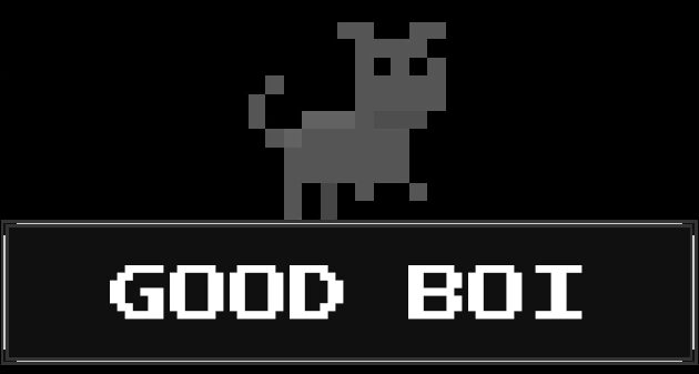 Ein Pixelart-Hund vor einem schwarzen Hintergrund und dem Schriftzug "Good Boi"